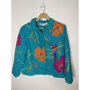 Drapes and Damon’s Womens Jacket Size PL Button Front Parrot Flowers Vintage